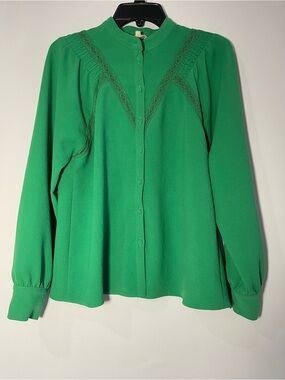Sezane Fride Blouse Button up lace detail emerald green women’s size FR 38